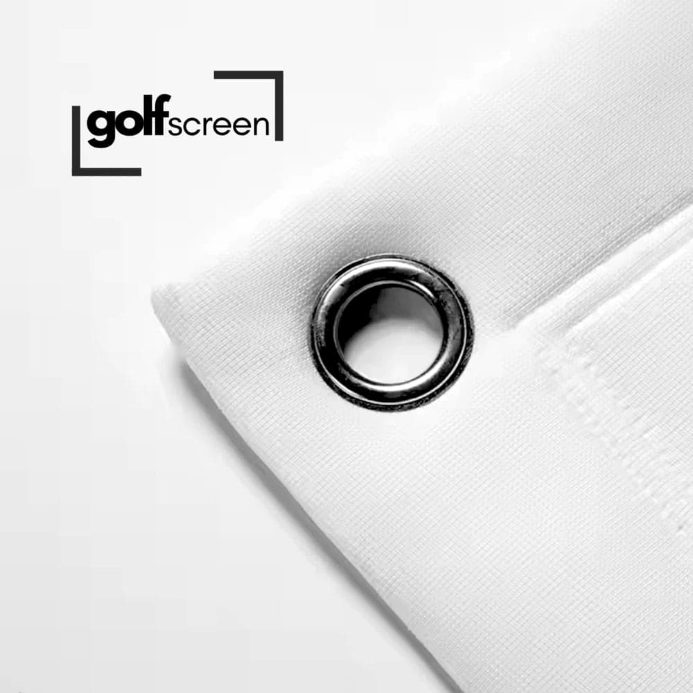 Close view of a finished screen edge: a metal eyelet set through the folded and stitched hem, with the woven cloth visible around it