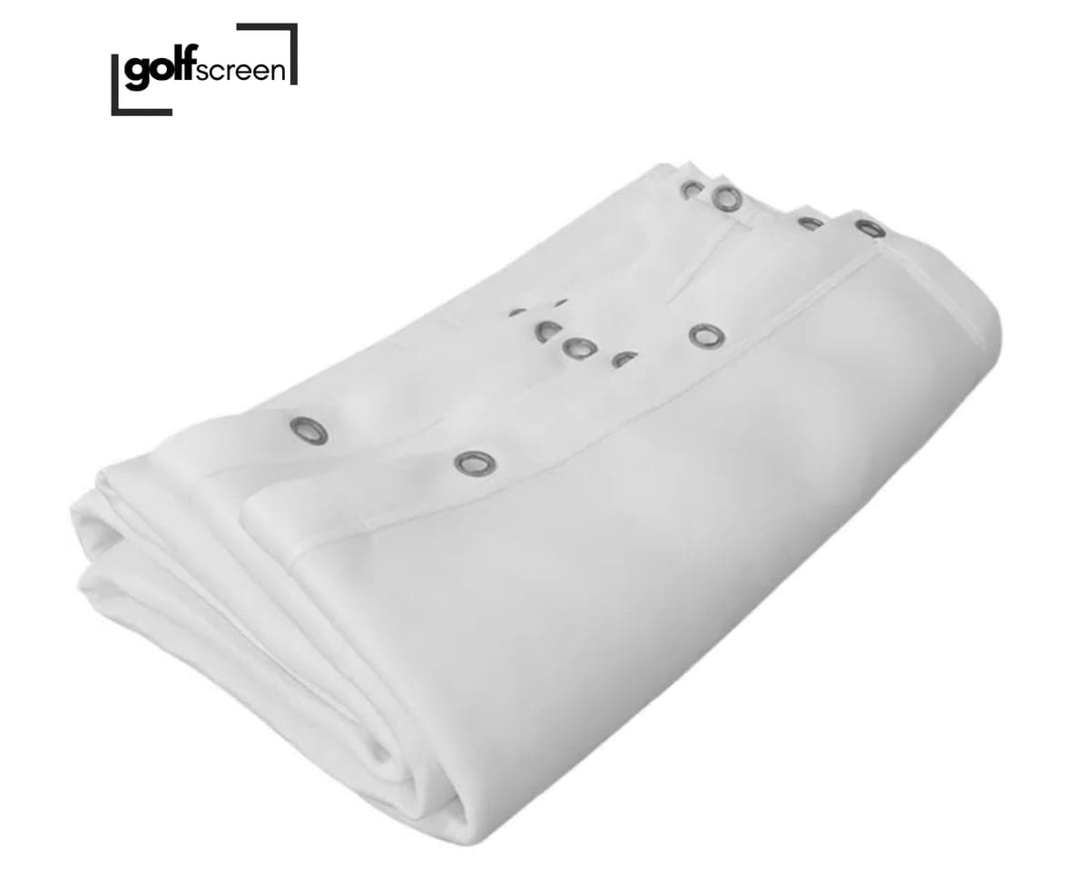 A finished white impact screen folded flat, with metal eyelets set along its stitched top edge